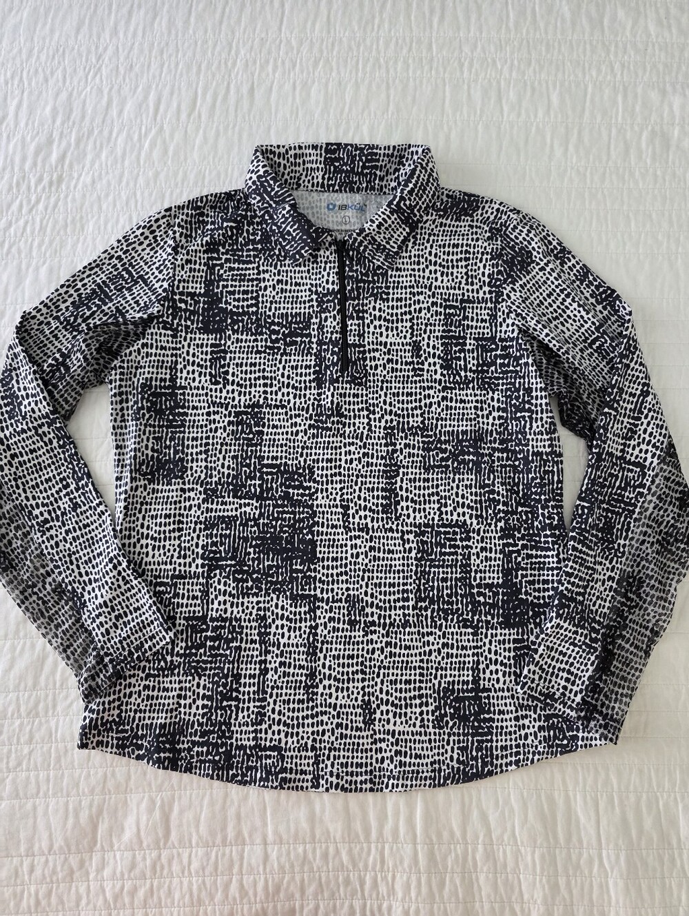 IBKUL 1/4 Zip Collared Black & White Patterned Long-Sleeve Polo Womans Large